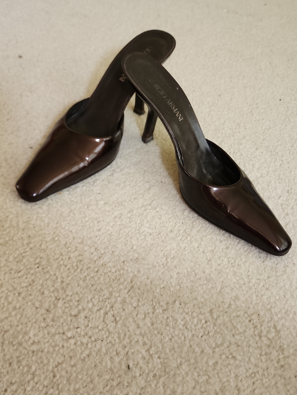 Giorgio Armani Women’s Glossy Chocolate Dark Brown Patent Leather Mules